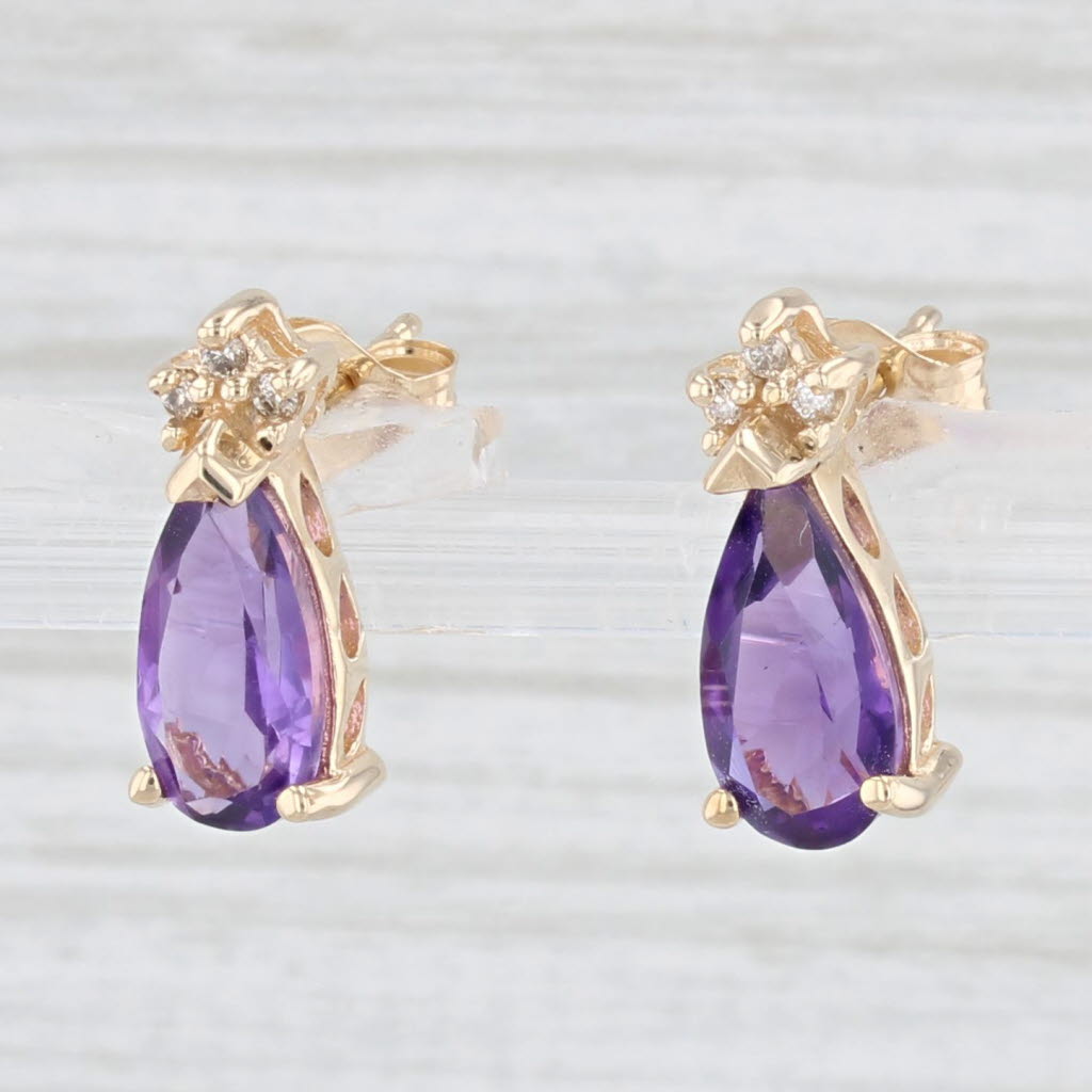 Light Gray 1.90ctw Amethyst Diamond Teardrop Stud Earrings 10k Yellow Gold