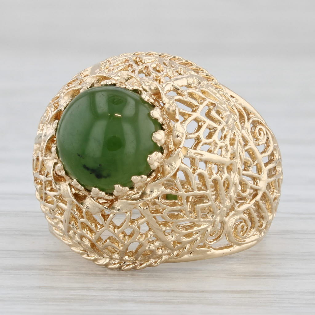 Gray Green Nephrite Jade Ornate Openwork Ring 14k Yellow Gold Size 6.25 Cocktail