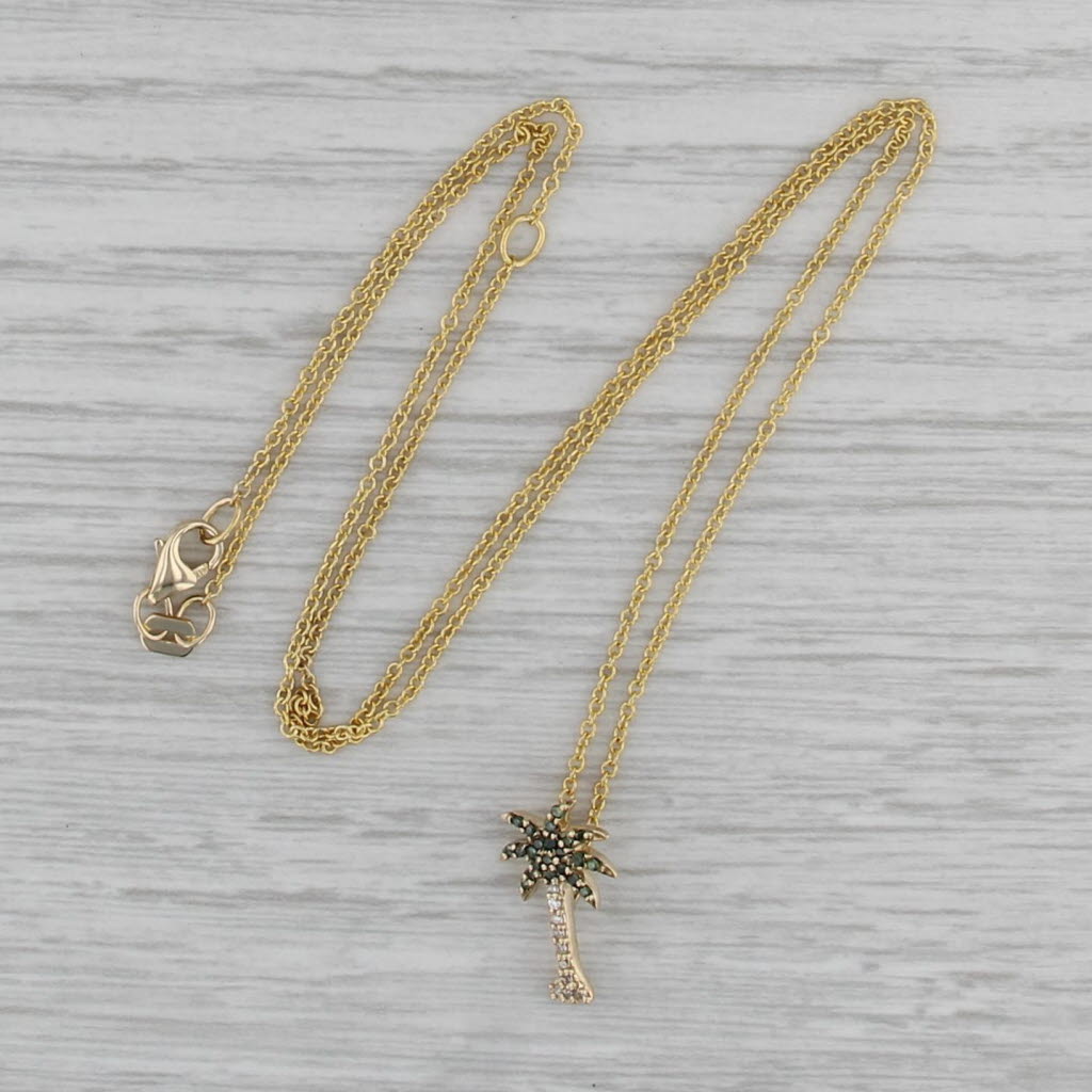Green White Diamond Palm Tree Pendant Necklace 14k Gold 16" 18" Cable Chain