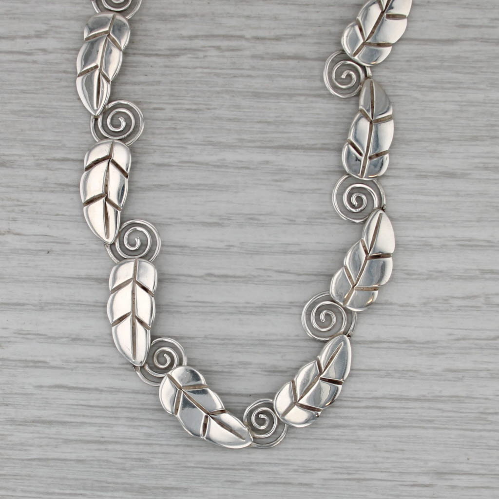 Leaf Swirl Link Statement Necklace Sterling Silver 19.5" Hook Clasp Taxco Mexico