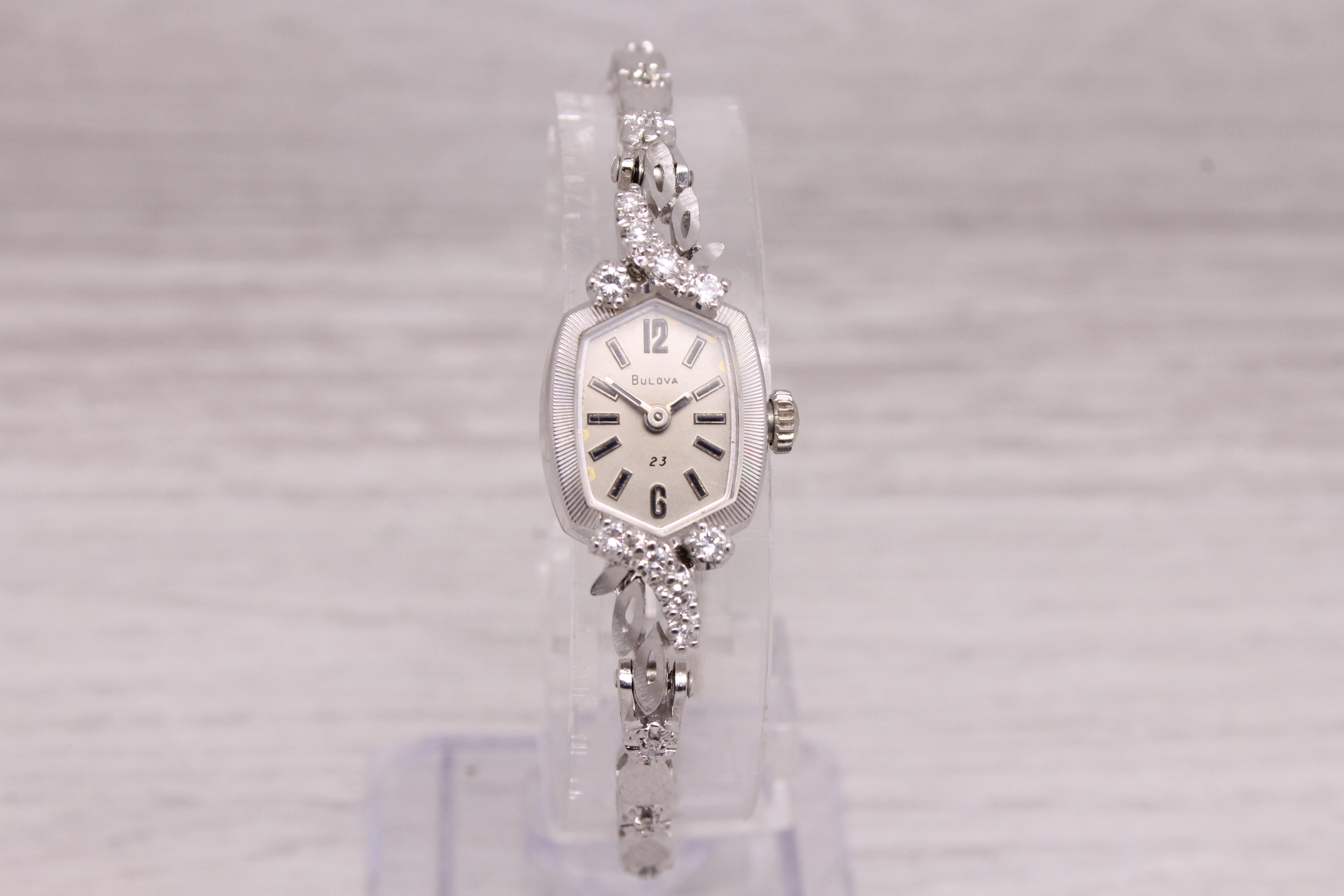 Vintage Bulova 23 Ladies14k White Gold Diamond Cocktail Wrist Watch Serviced