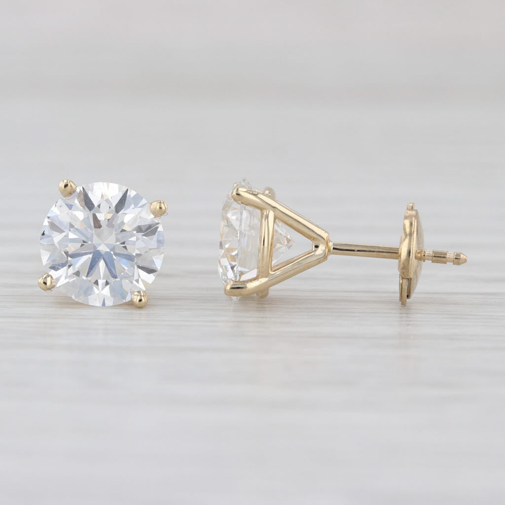 New IGI 4.02ctw Lab Grown Round Diamond Stud Earrings 14k Gold Solitaire Studs