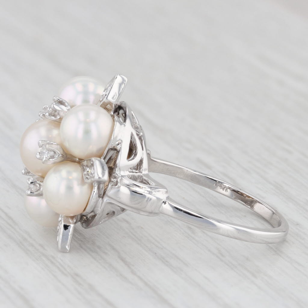 Light Gray Vintage Cultured Pearl Diamond Cluster Ring 14k White Gold Size 7.25 Cocktail