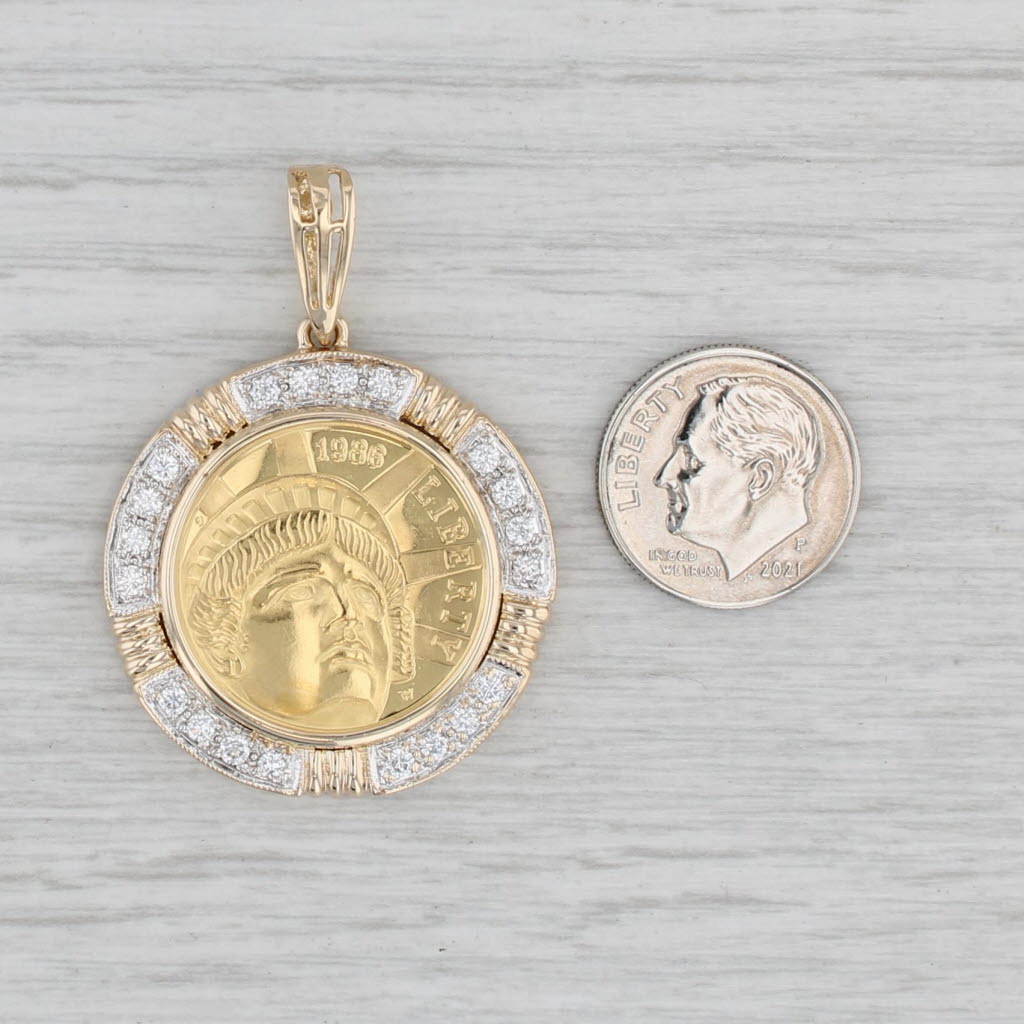 Light Gray 0.60ctw Diamond14k Coin Bezel Pendant 1986 Statue of Liberty 900 Gold Coin 5 USD