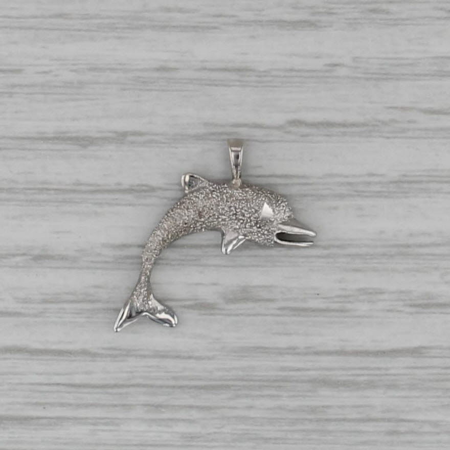 Small Shimmering Dolphon Pendant 14k White Gold Nautical Jewelry