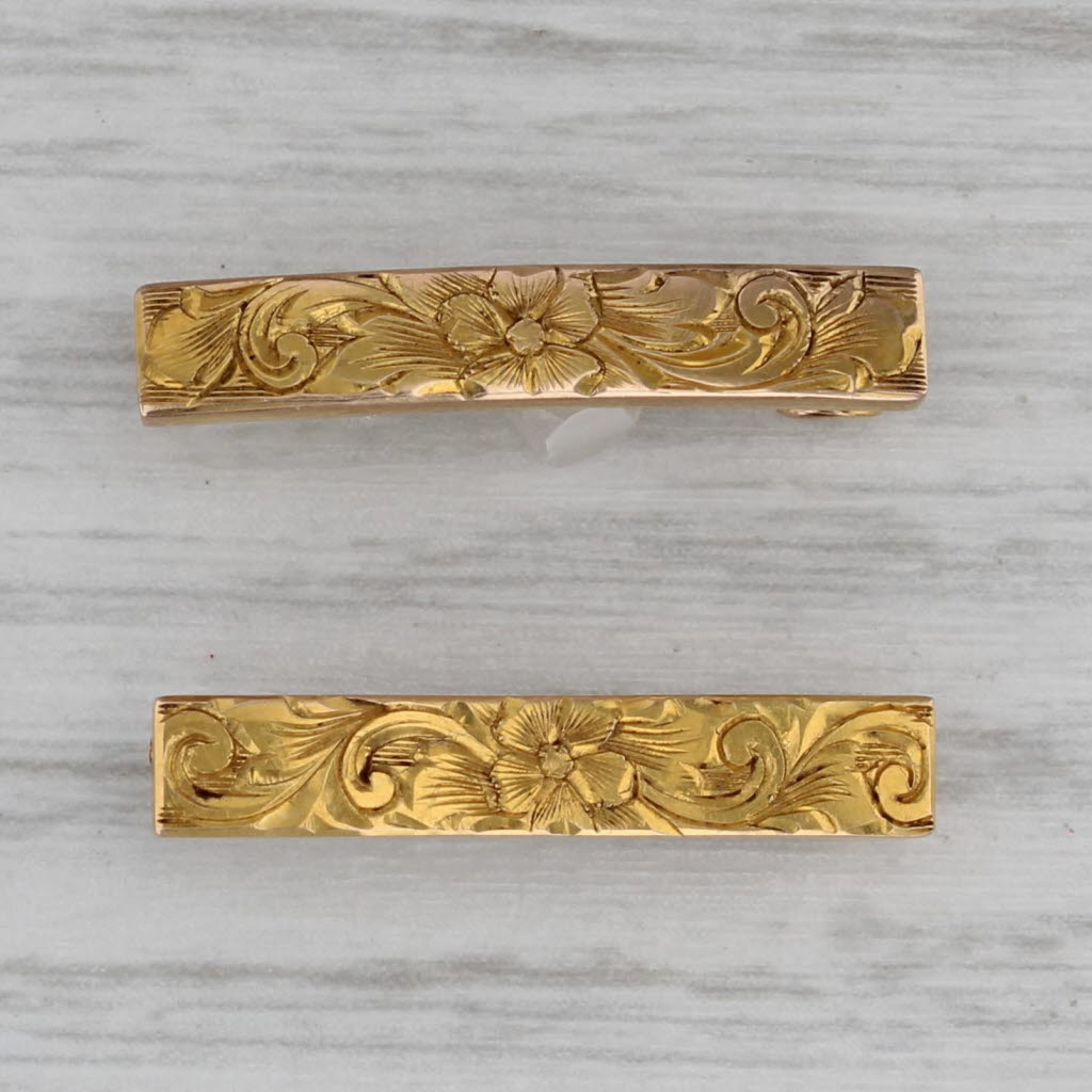 Gray Antique Floral Engraved Set of 2 Bar Pins 10k Yellow Gold