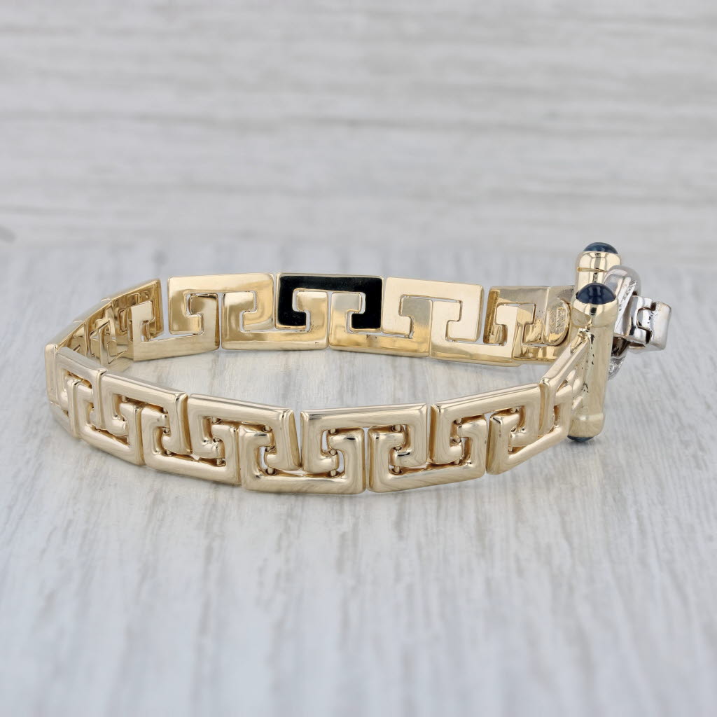 Gray Blue Sapphire Diamond Greek Key Chain Bracelet 14k Yellow Gold 7.25"