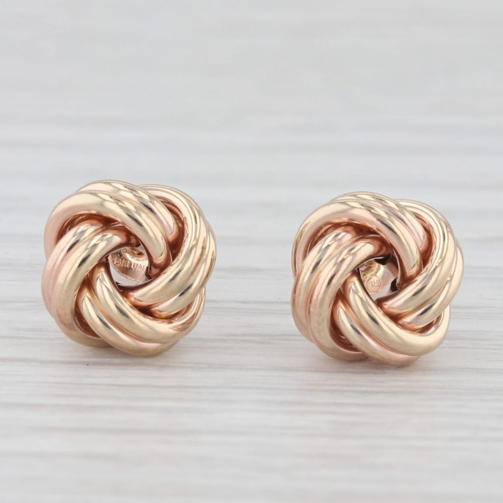 Light Gray Love Knot Stud Earrings 14k Rose Gold Small Round Studs