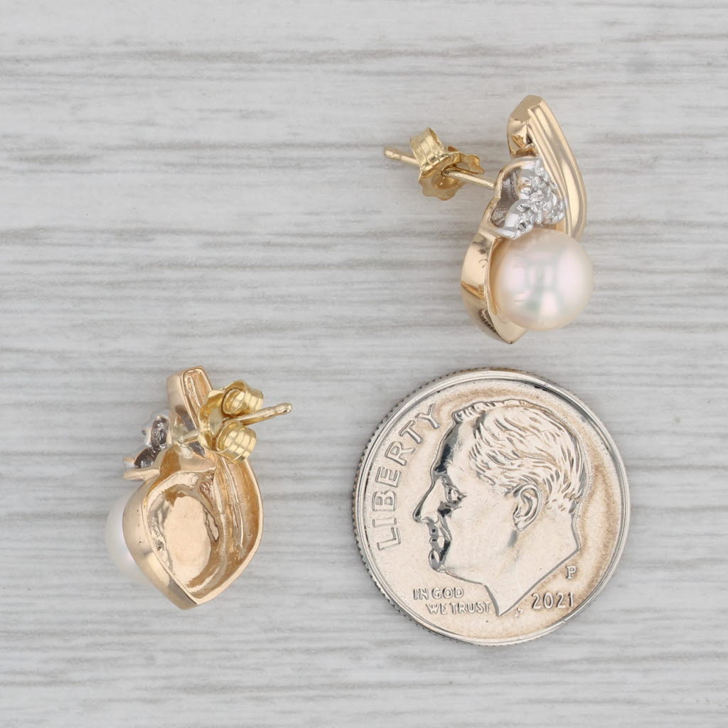 Gray Cultured Pearl Diamond Stud Earrings 14k Yellow Gold