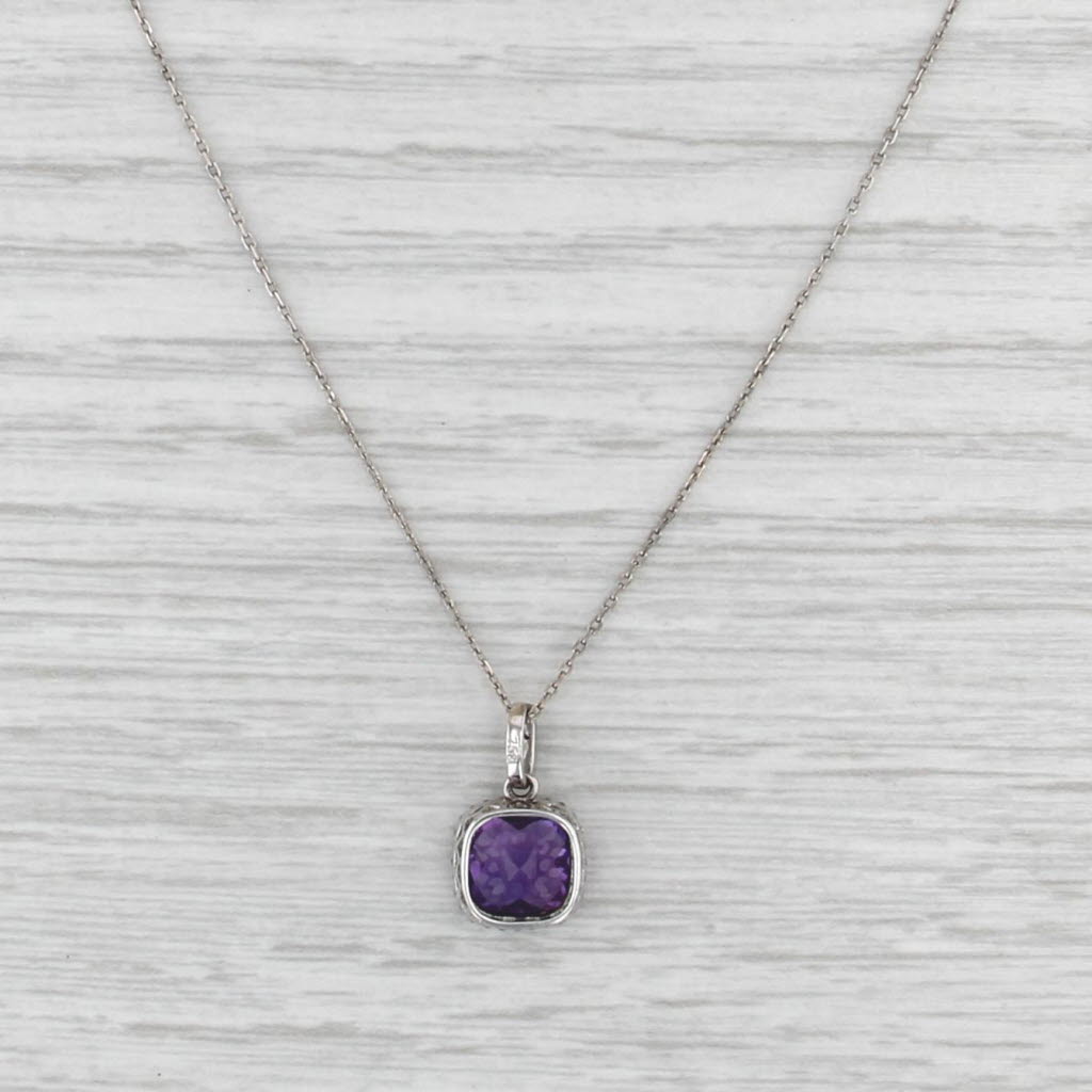 1.47ctw Amethyst Diamond Halo Pendant Necklace 18k White Gold 16.25" Cable Chain