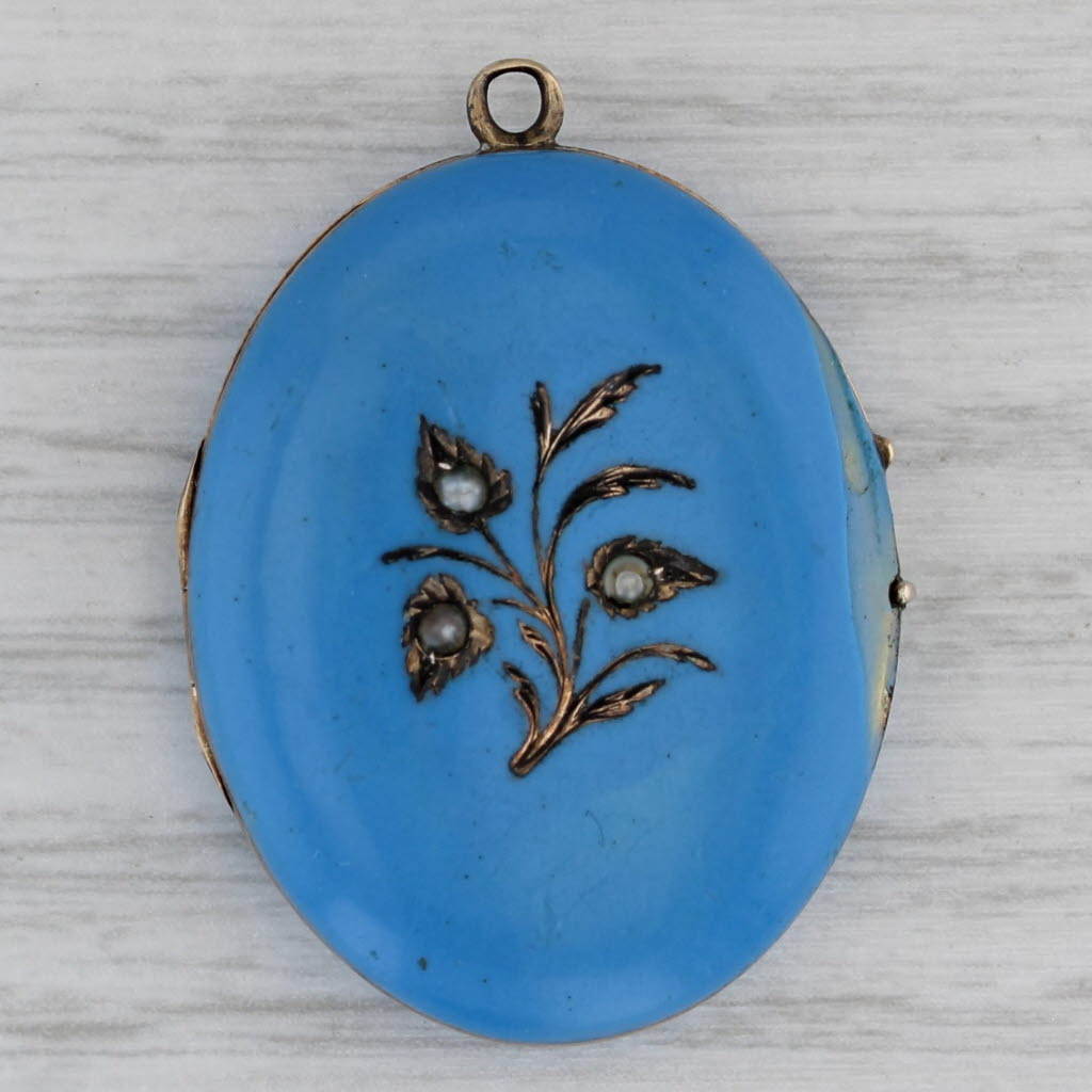 Steel Blue Antique Pearl Enamel Resin Flower Locket Pendant Silver 8k Gold Charm