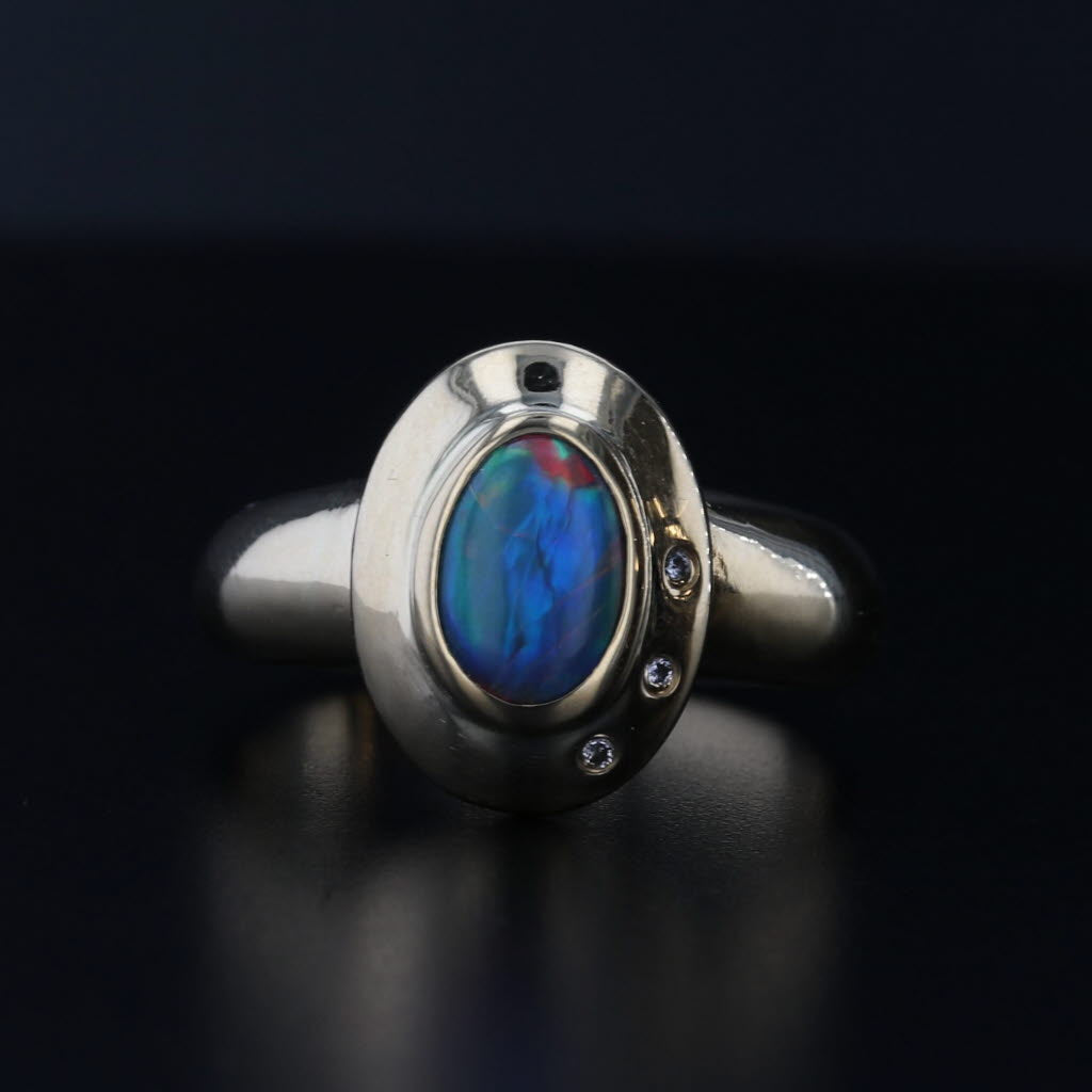Multicolor Opal Doublet Ring 18k Yellow Gold Oval Cabochon Diamond Accents Sz 7