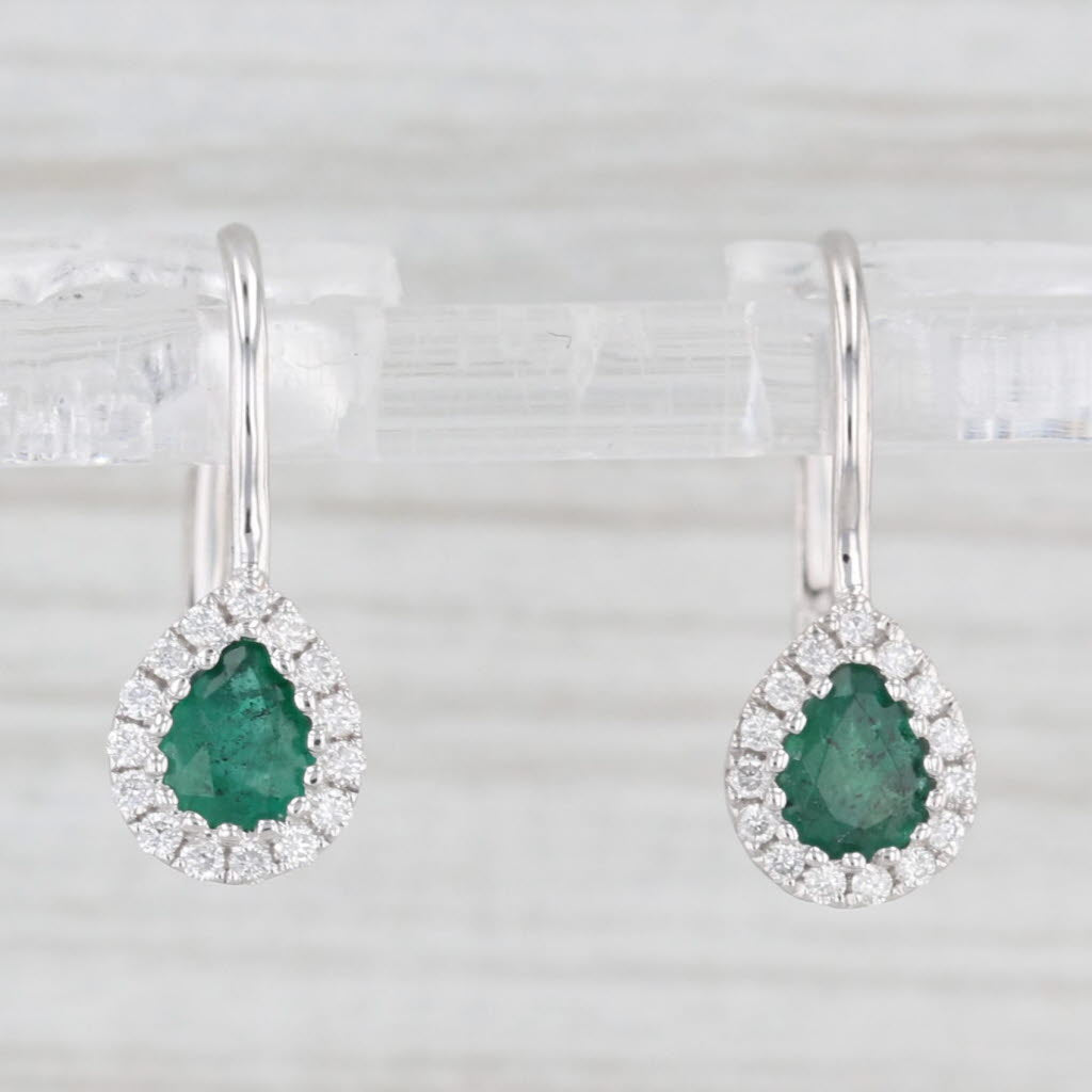 Light Gray New 0.88ctw Emerald Diamond Halo Teardrop Earrings 14k White Gold Lever Backs