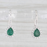 New 0.88ctw Emerald Diamond Halo Teardrop Earrings 14k White Gold Lever Backs