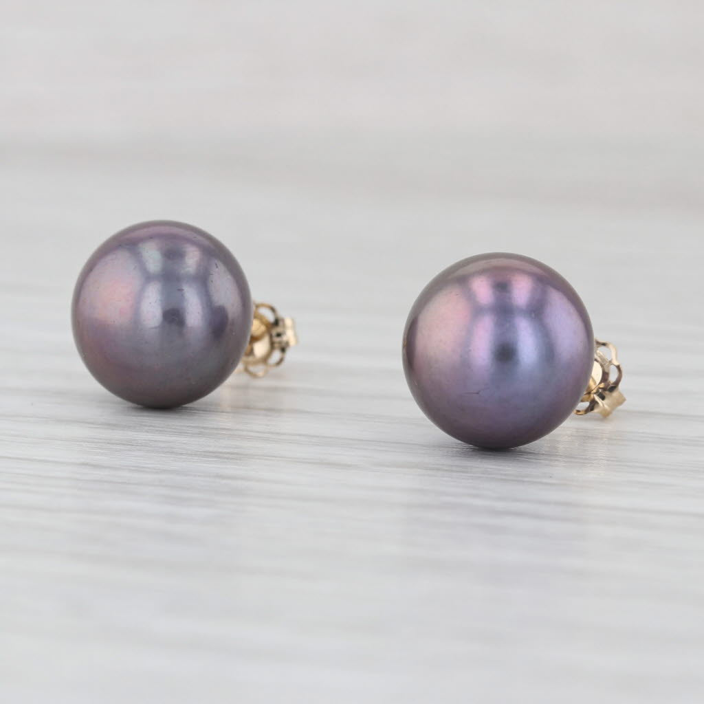 Black Cultured Pearl Stud Earrings 14k White Gold 11mm Bead Solitaire Studs