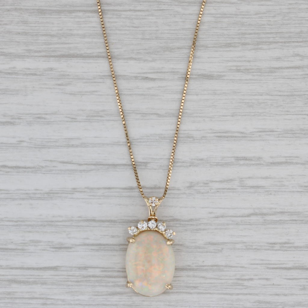 Opal Oval Cabochon 0.20ctw Diamond Pendant 14k Yellow Gold 20" Box Chain