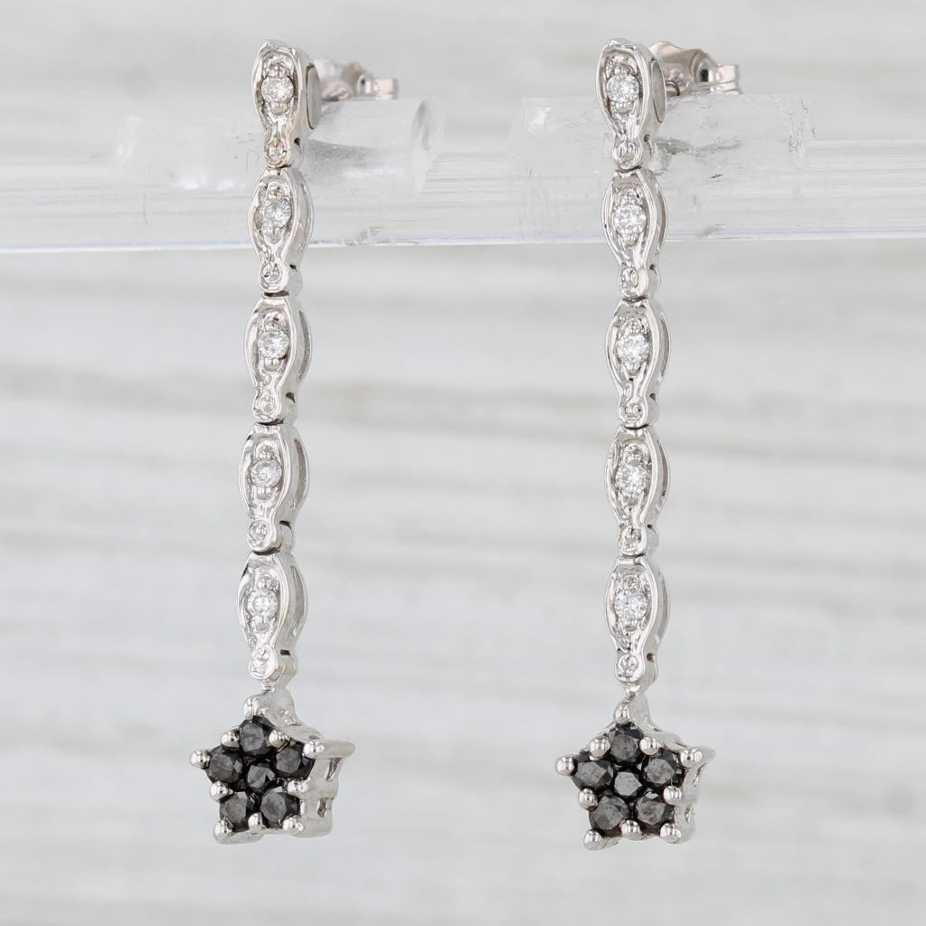 Light Gray 0.35ctw Black White Diamond Flower Drop Earrings 14k White Gold