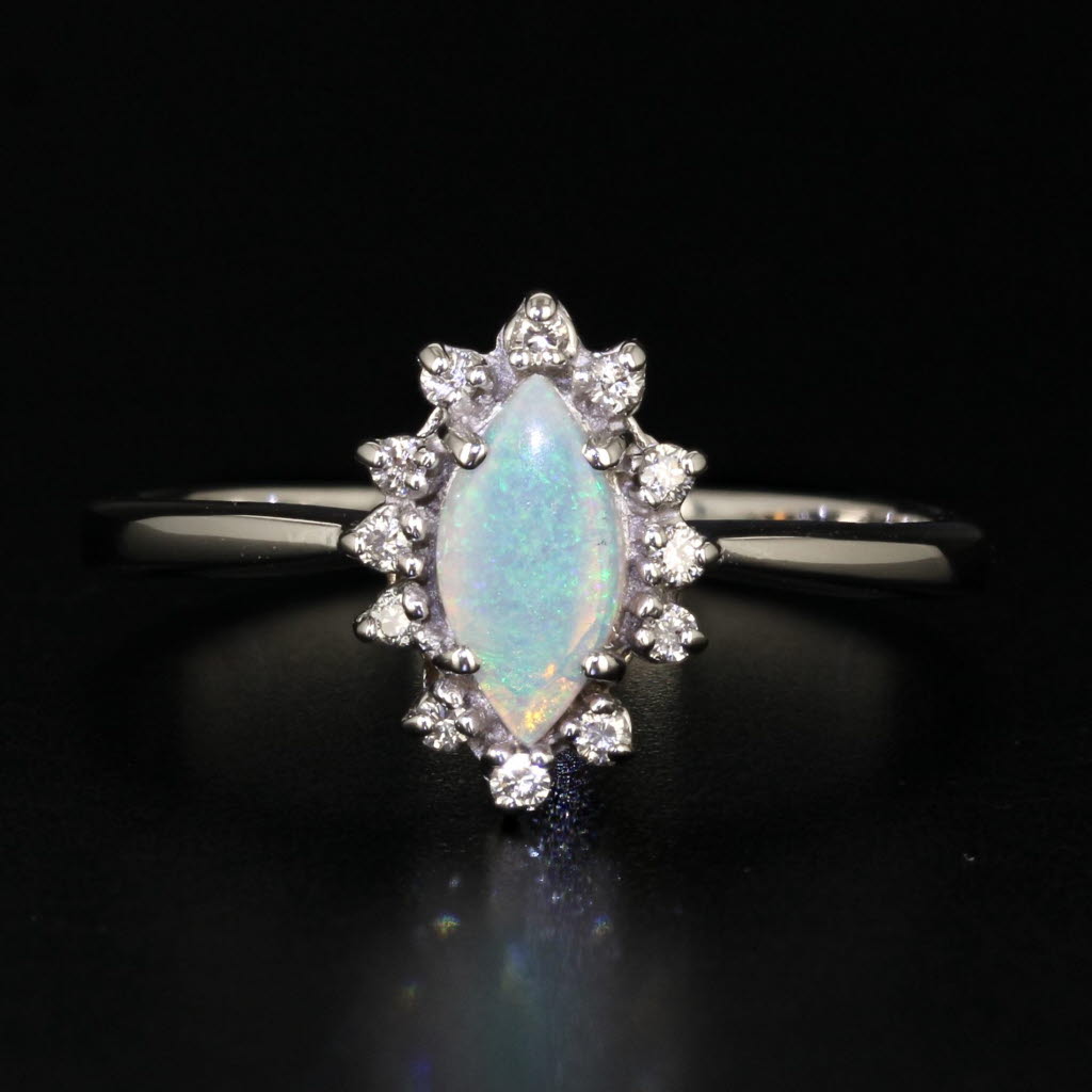 Black Marquise Cabochon Opal Diamond Halo Ring 10k White Gold Size 8.25