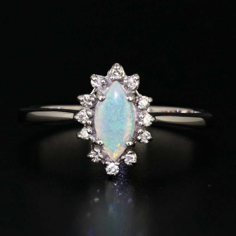 Marquise Cabochon Opal Diamond Halo Ring 10k White Gold Size 8.25