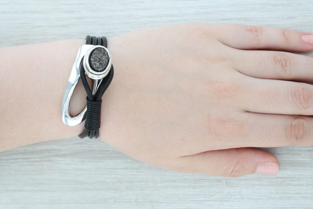 Light Gray Black Druzy Quartz Sterling Silver Black Cord 6.25" Statement