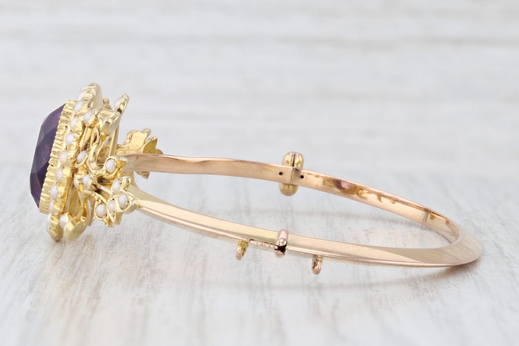 Light Gray Ornate Antique 5.50ct Amethyst Pearl Halo Bangle Bracelet 14k Yellow Gold 6.25"