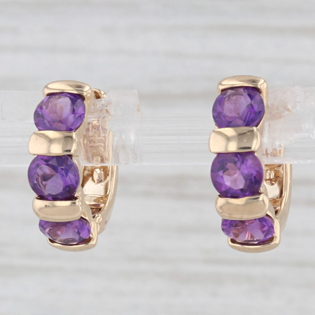 Light Gray 1.30ctw Amethyst Small Hoop Huggie Earrings 14k Yellow Gold Hinged Snap Top