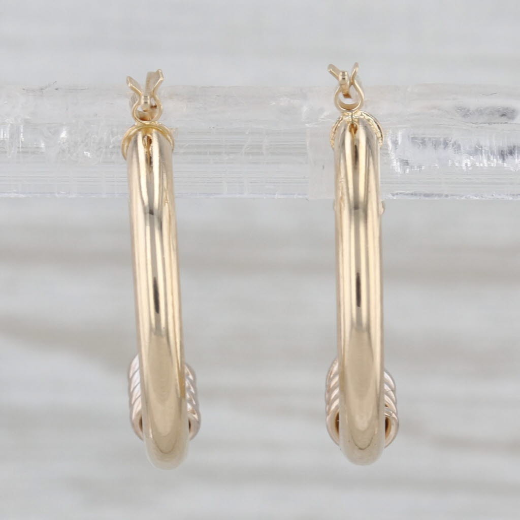 2-Toned Round Hoop Earrings 14k Yellow White Gold Snap Top Hoops