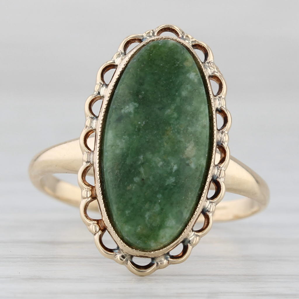 Light Gray Green Nephrite Jade Ring 10k Yellow Gold Oval Solitaire Size 5.75