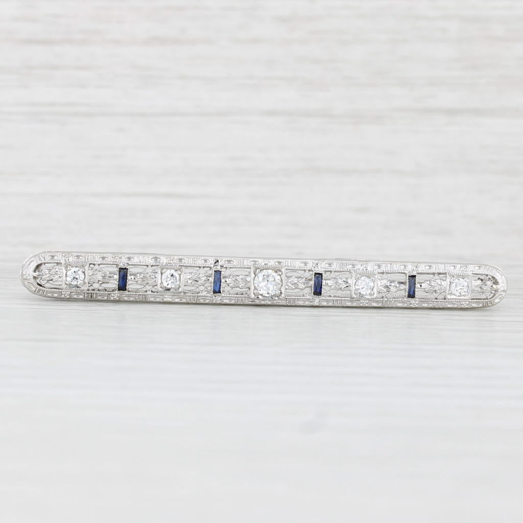 Light Gray Art Deco 0.44ctw Diamond Lab Created Sapphire 14k Gold Filigree Bar Pin