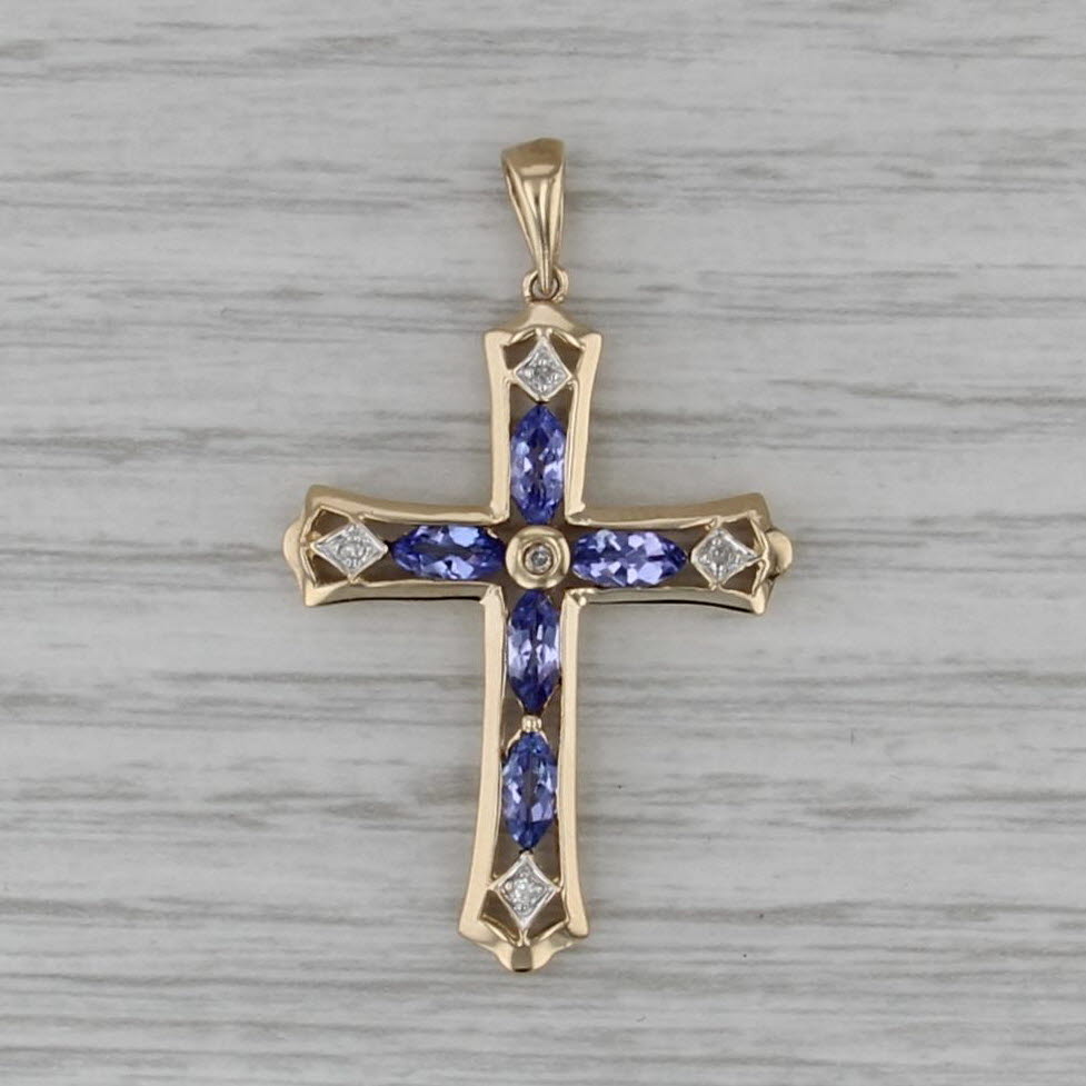1.02ctw Tanzanite Diamond Cross Pendant 10k Yellow Gold Beveled