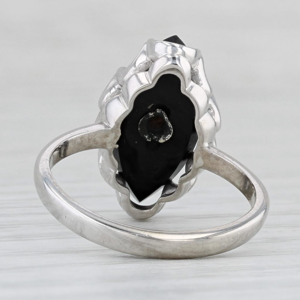 Light Gray Vintage Onyx Navette Diamond Signet Ring 10k White Gold Size 4.5