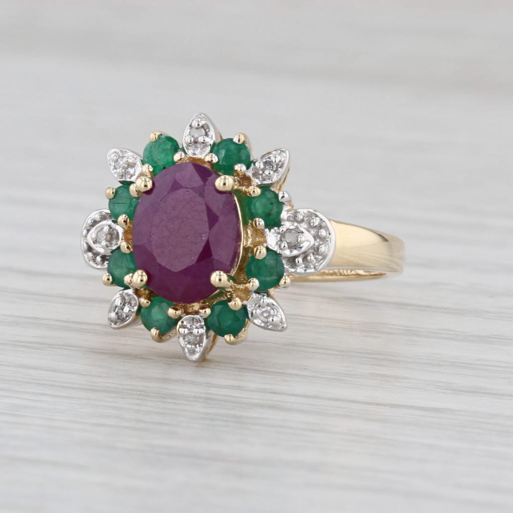 Ruby Emerald Diamond Halo Ring 14k Yellow Gold Size 8.25 Cocktail