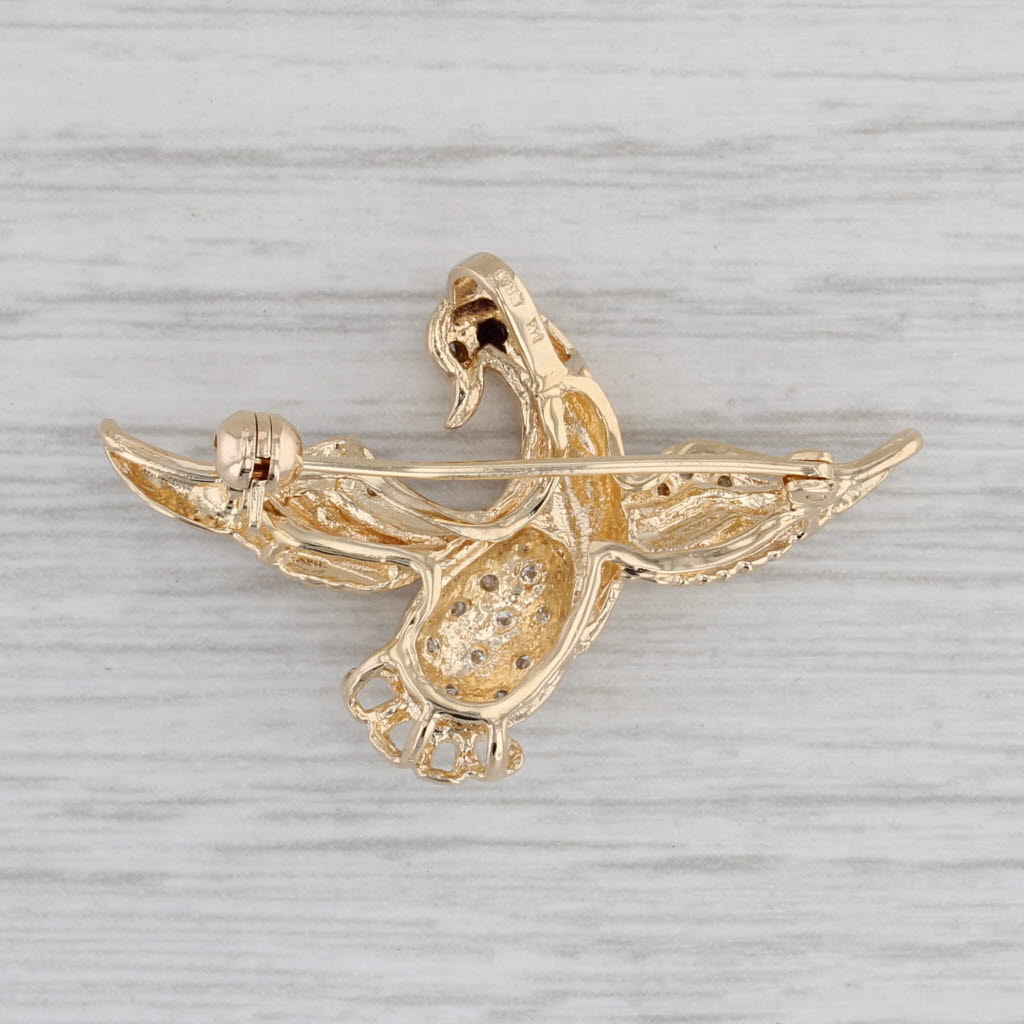 Gray Diamond Bird Pin Pendant 14k Yellow Gold Brooch Jewelry