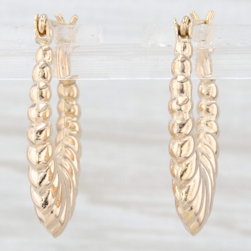 Light Gray Beveled Scalloped Croissant Shell Hoop Earrings 14k Yellow Gold Snap Top Hoops