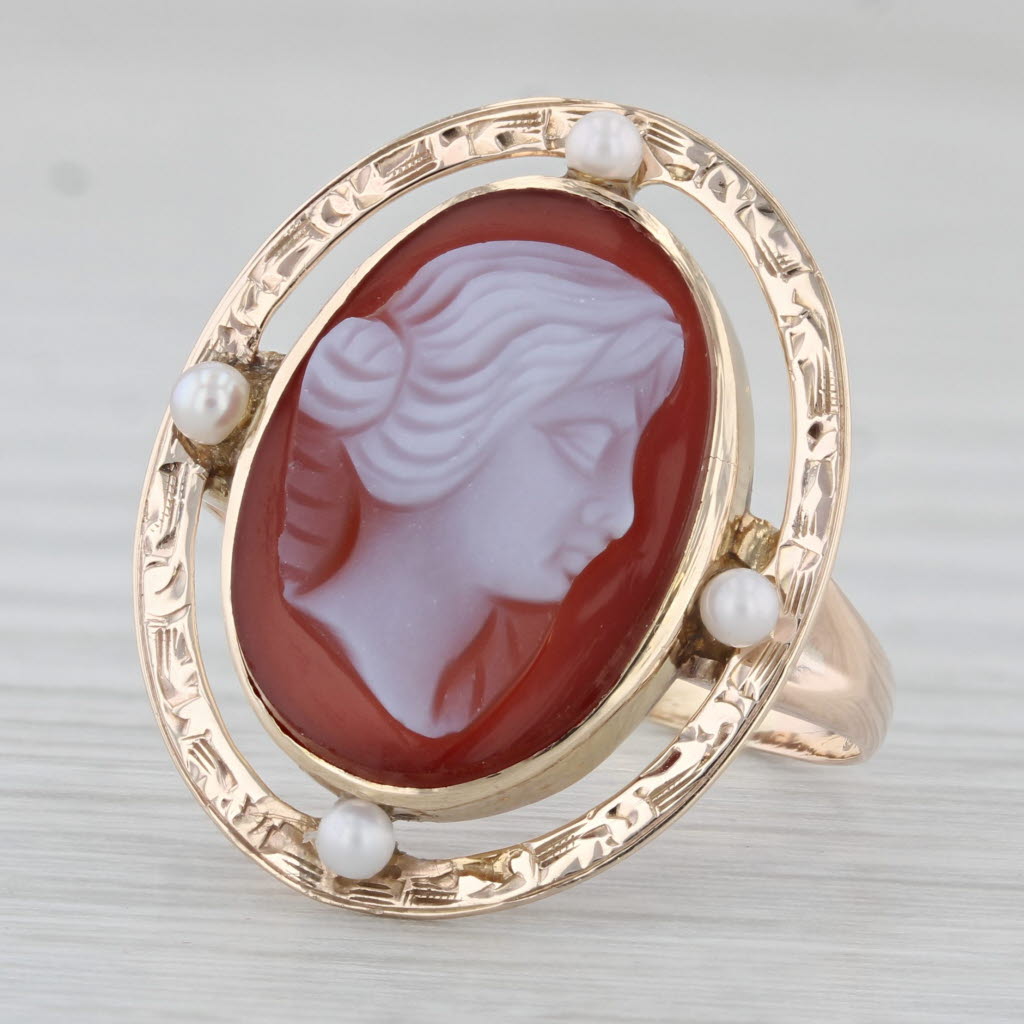 Gray Antique Carved Sardonyx Cameo Pearl Ring 10k Yellow Gold Size 8.25