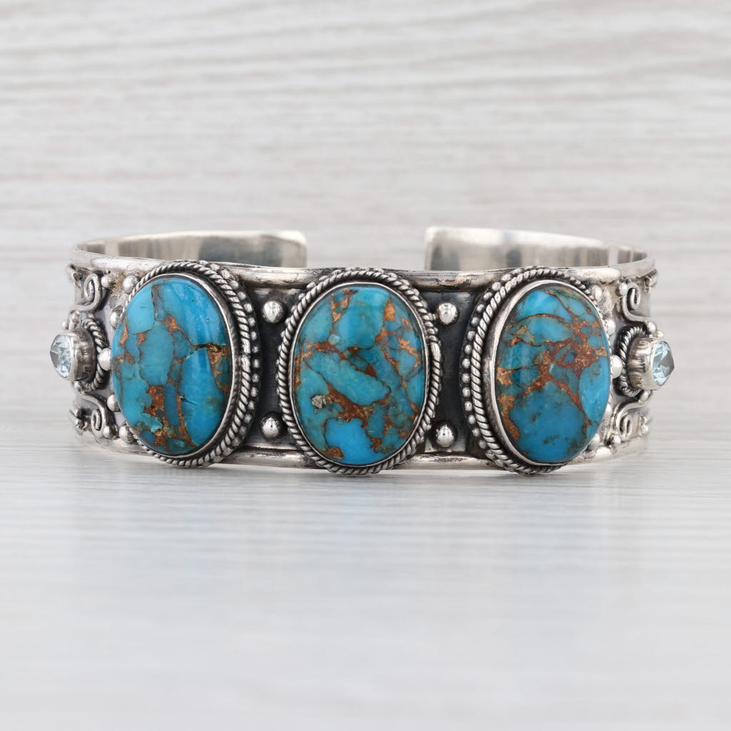 Blue Turquoise Topaz Cuff Bracelet Sterling Silver 7.25" Vintage Statement