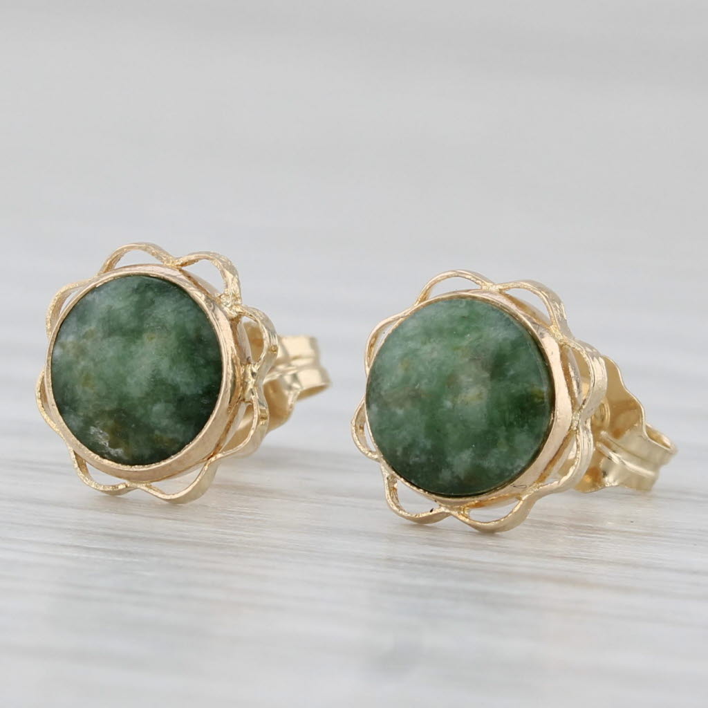 Light Gray Green Nephrite Jade Stud Earrings 10k Yellow Gold Round Cabochon Solitaires