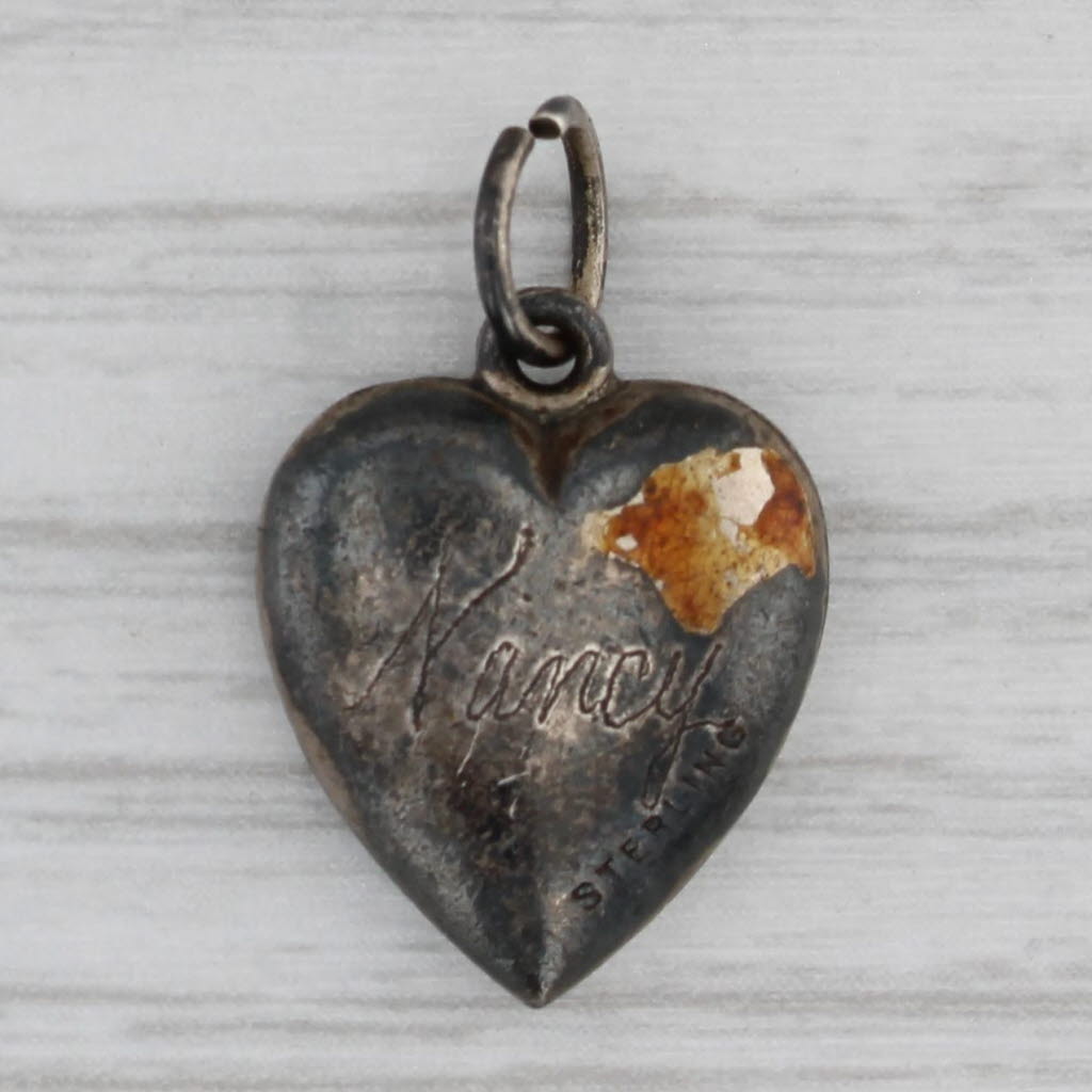 Gray Vintage Engravable Puffy Heart Charm Sterling Silver Pendant