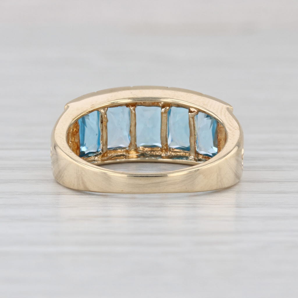 3.39ctw 5-Stone Blue Topaz Ring 10k Yellow Gold Size 7 Floral Accents