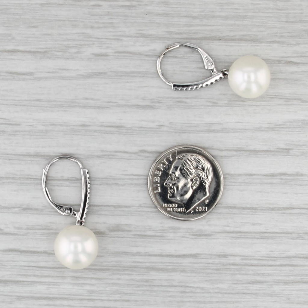 Cultured Pearl Diamond Drop Earrings 14k White Gold Lever Backs