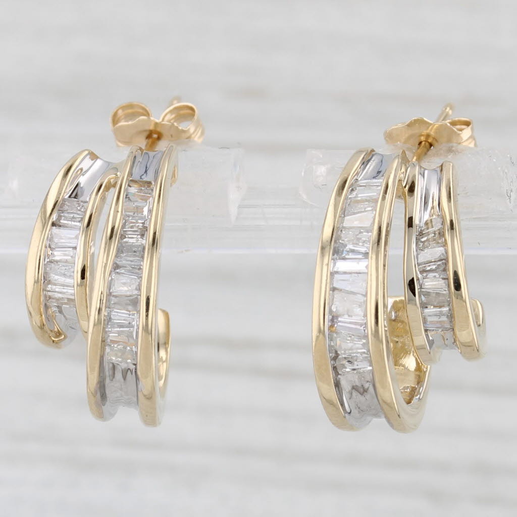 Light Gray 0.70ctw Channel Set Diamond J-Hook Hoop Earrings 14k Yellow Gold