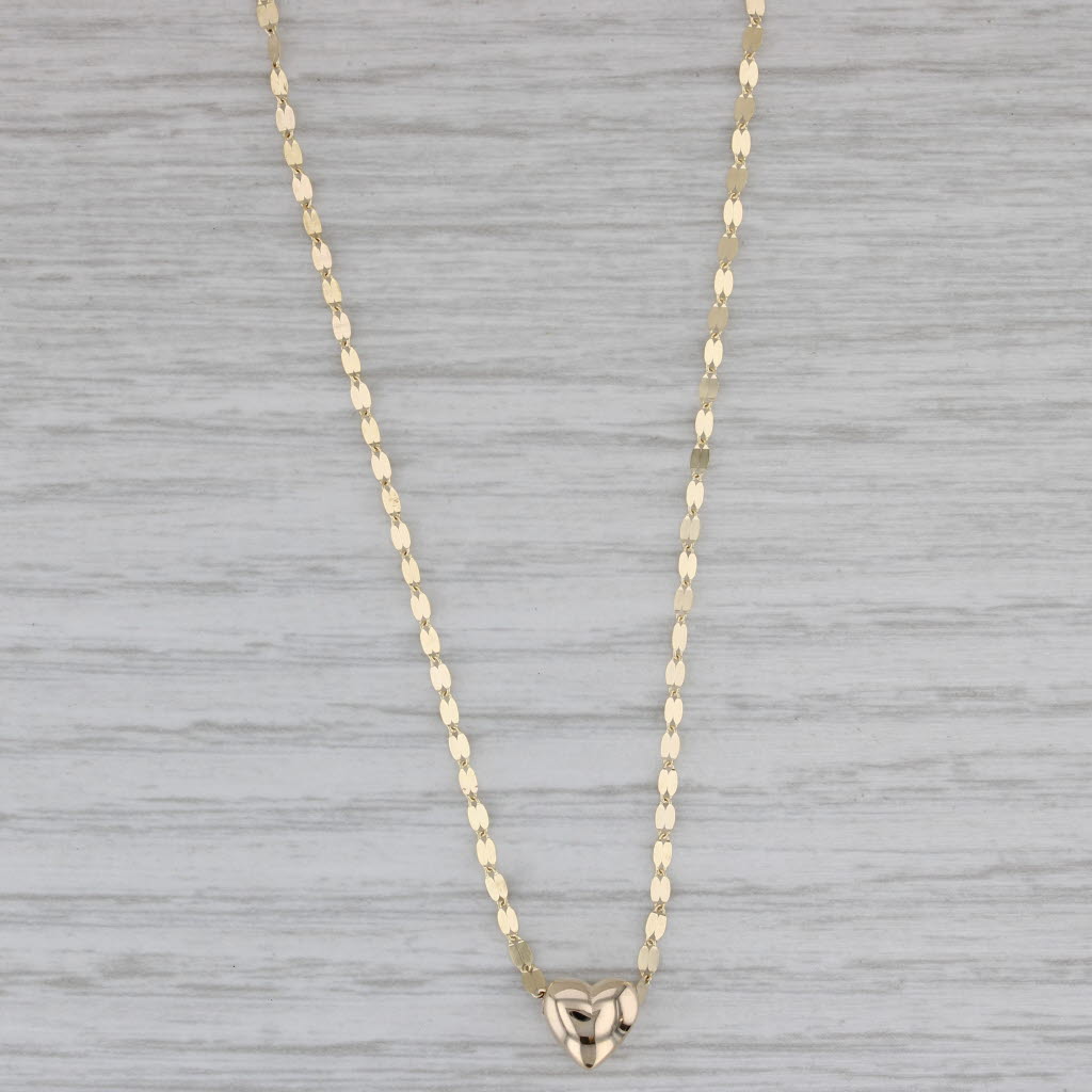Gray Puffy Heart Pendant Mirror Chain Necklace 14k Yellow Gold 16" 18"