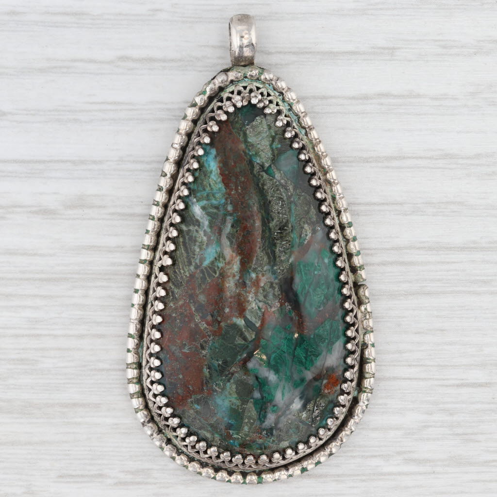 Light Gray Vintage Native American Marbled Multi-Stone Cabochon Pendant Sterling Silver
