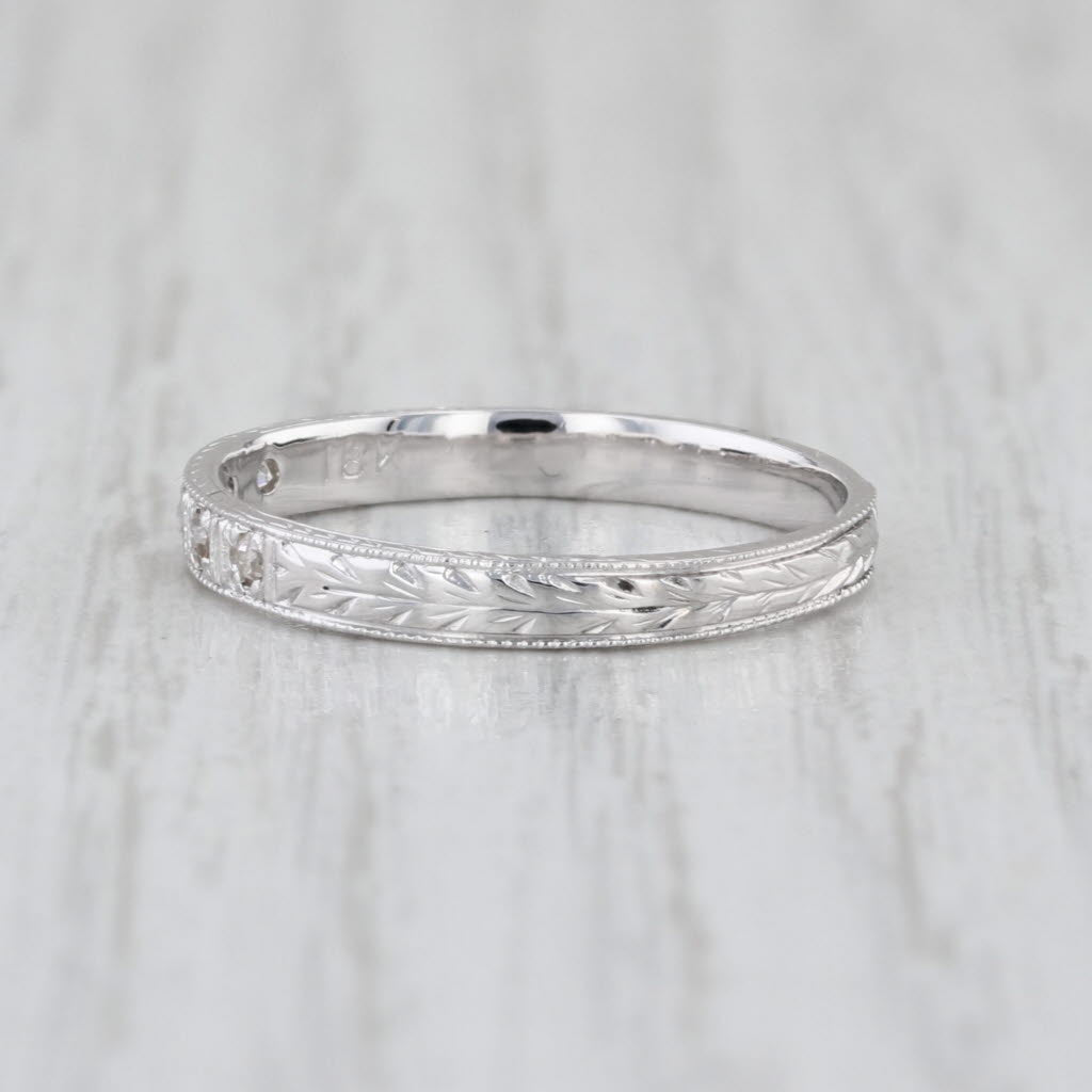 Diamond Art Deco Wheat Wedding Band 18k White Gold Size 6.75 Stackable Ring