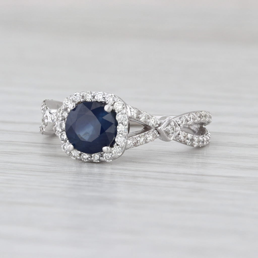 1.62ctw Blue Sapphire Diamond Halo Ring 14k White Gold Engagement Size 7
