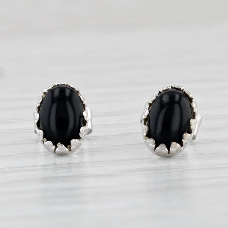 Light Gray Black Onyx Stud Earrings 14k White Gold Oval Cabochon Solitaires