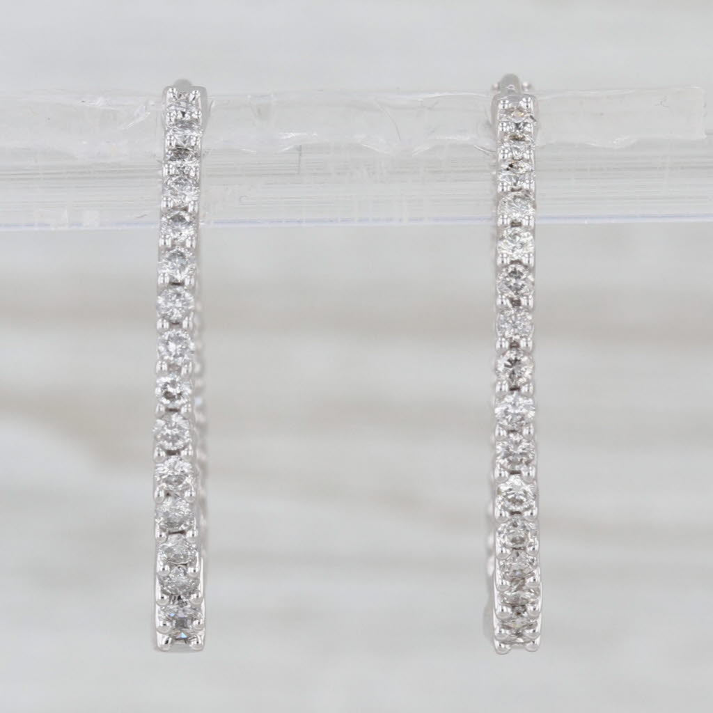 0.97ctw Diamond Inside Out Hoop Earrings 14k White Gold Round Hoops Snap Top