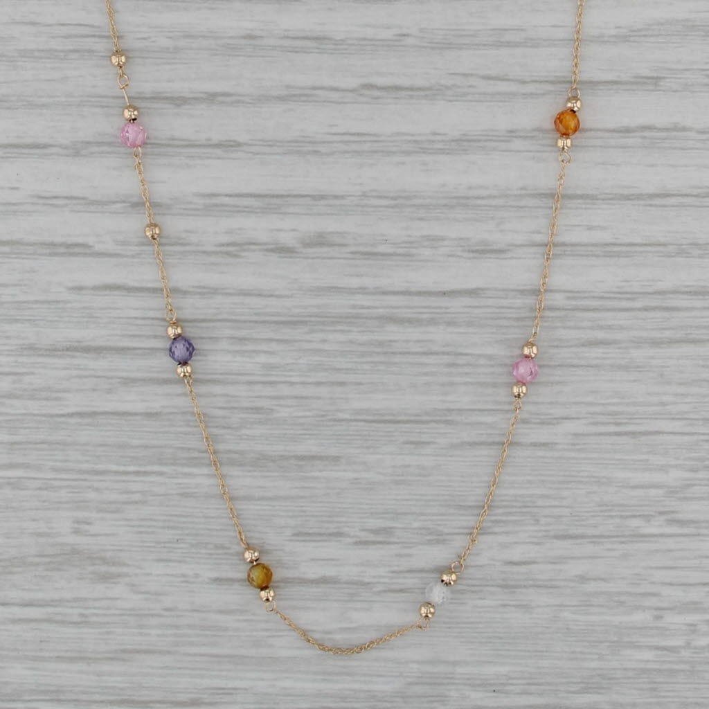Mulitcolor Glass Bead Station Necklace 14k Yellow Gold 17" Rope Chain