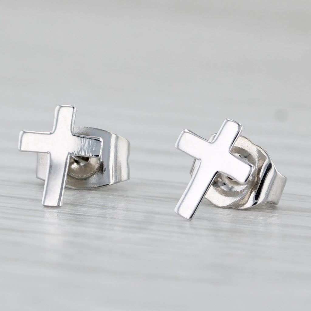 Light Gray Small Cross Stud Earrings 14k White Gold