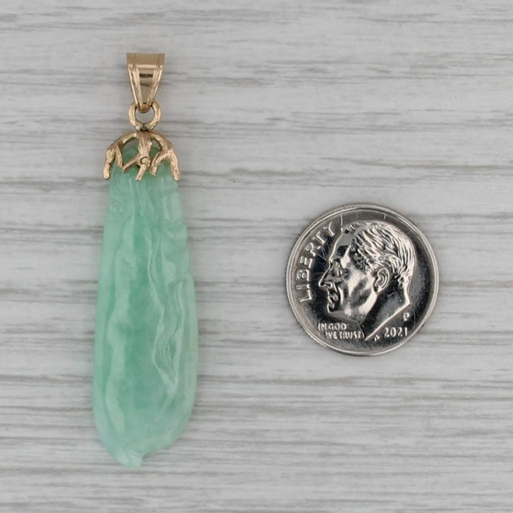 Green Jadeite Jade Carved Drop Pendant 14k Yellow Gold
